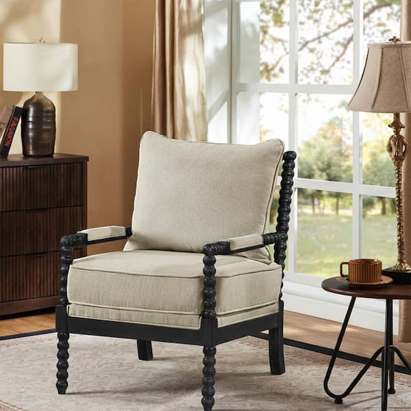 Mid Century Beige Linen Spindle Accent Chair Balck Wood Frame Armchair with Upholstered Thick Cushion Living Room