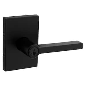 Halifax Rectangle Rose Matte Black Keyed Entry Door Lever Featuring SmartKey Technology with Microban