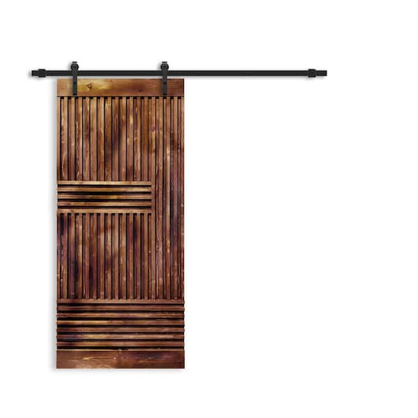 CALHOME 36 in. x 84 in. Japanese Series Pre-Assemble Walnut Stained Thermally Modified Wood Sliding Barn Door with Hardware Kit