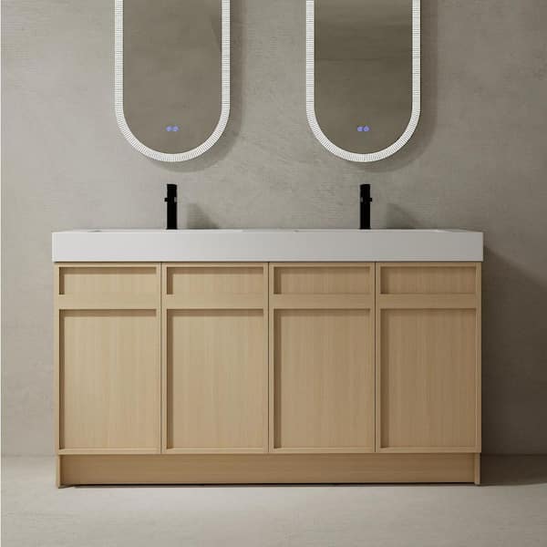 60 in. Double Sink Freestanding Oak Bath Vanity with White Resin Top, Adjustable Shelf, 4 Soft-Close Cabinet Doors
