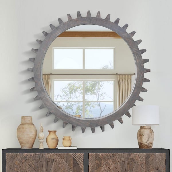 Unbranded Vintage 34 in. W x 34 in. H Wood Round Wall Mirror Gear Shape Decorative Mirror Home Wall Decor, Antique Dark Brown