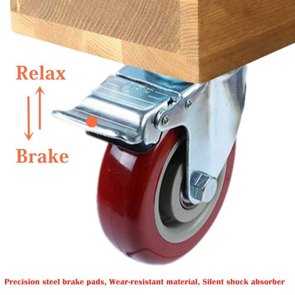 3 Inch Red Polyurethane Swivel Casters with Brakes, Set of 4