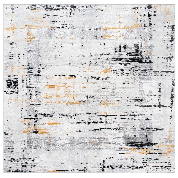 Amelia 8 ft. x 8 ft. Square Gray/Gold Damask Distressed Area Rug