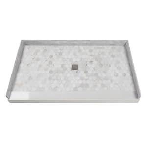 Pre-Tiled 60 in. L x 36 in. W Alcove Shower Pan Base with Center Drain in Off-White Hexagon