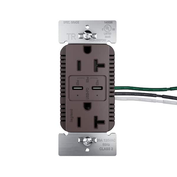 20A Tamper Resistant 65W Commercial Grade Power Delivery USB Type C Duplex Outlet Brown