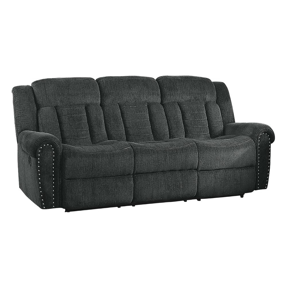 Transitional Charcoal Gray Fabric Reclining Sofa with Nailhead Accents