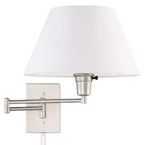 Cambridge 13 in. 1-Light Satin Nickel 150-Watt Transitional Wall Sconce with White Shade, No Bulb Included