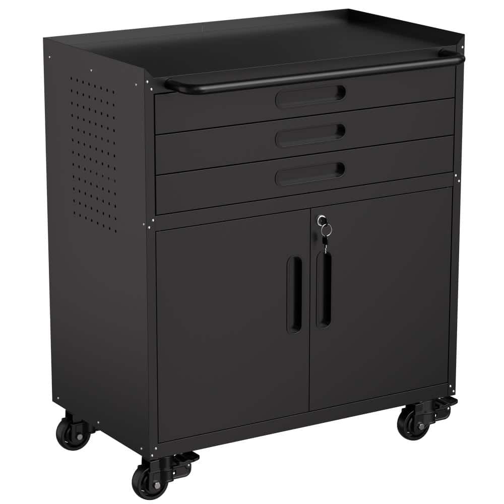"34.3"" Rolling Metal Tool Cabinet with Lockable Doors & 3 Drawers, Heavy Duty Mobile Workbench with Pegboard Side Panels" price history on PriceWatchPro