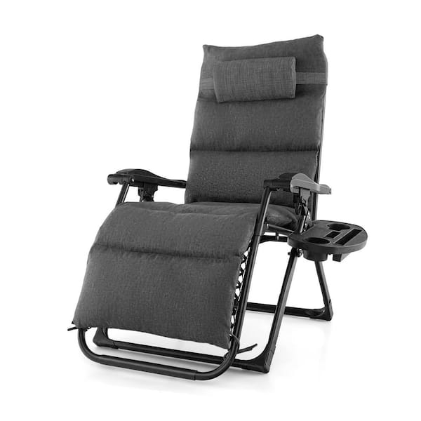 Unbranded Outdoor Adjustable Metal Folding Zero Gravity Lounge Chair with Removable Cushion and Cup Holder Tray, Gray