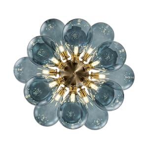 Alma 18-Light Blue and Brass Cluster Dandelion Sputnik Chandelier with Bubble Hand Blown Glass Shades for Dining Room