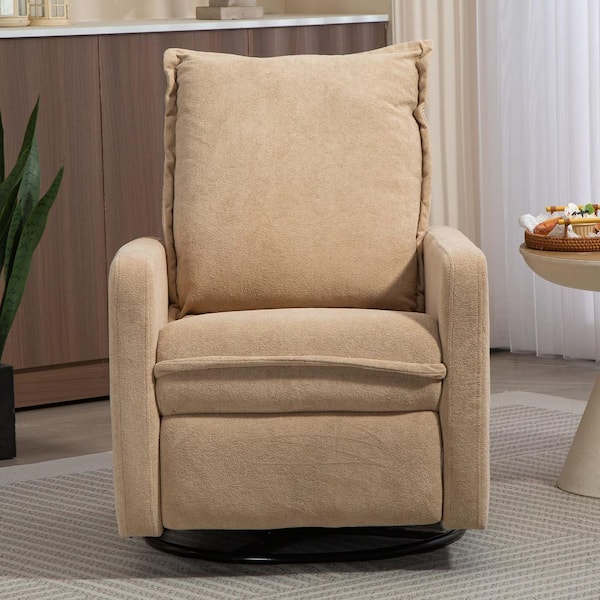 Camel Brown Cozy Short Plush Fabric 270° Swivel Rocker Chair, Leisure Manual Recliner Single Sofa for Living Room