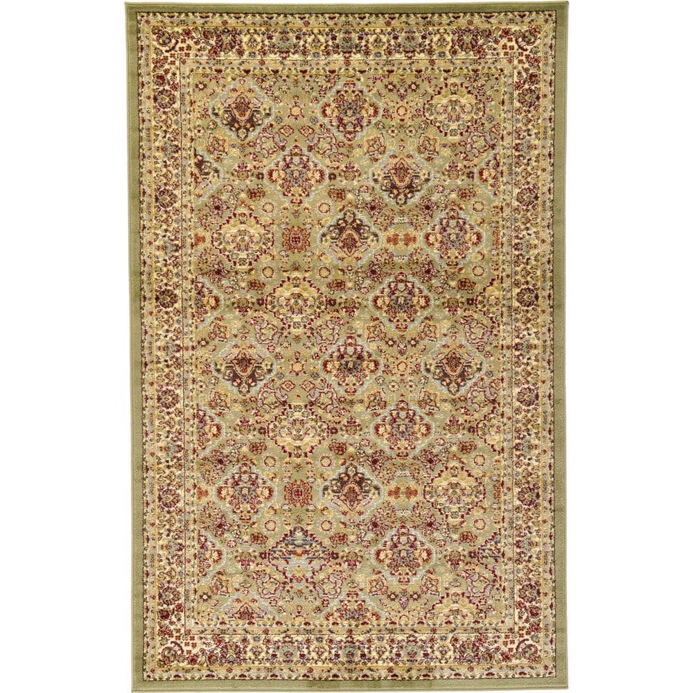 Light Green Synthetic Floral Motif Area Rug, 5' x 8'