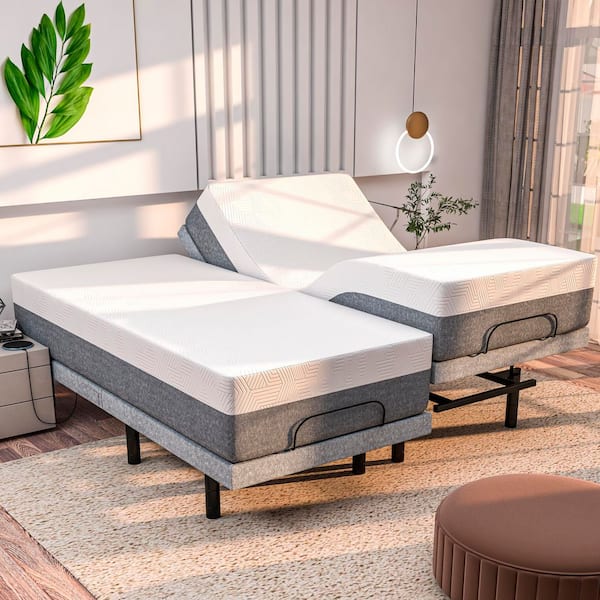 Renanim Gray SFE Split-King Adjustable Bed Frame + Medium-Soft Hybrid Memory Mattress-USB, Under Bed Light, Wireless Remote