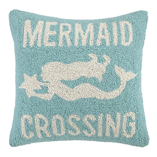 The Pillow Shoppe Mermaid Crossing Blue Wool 16 in. x 16 in. Hook Throw Pillow