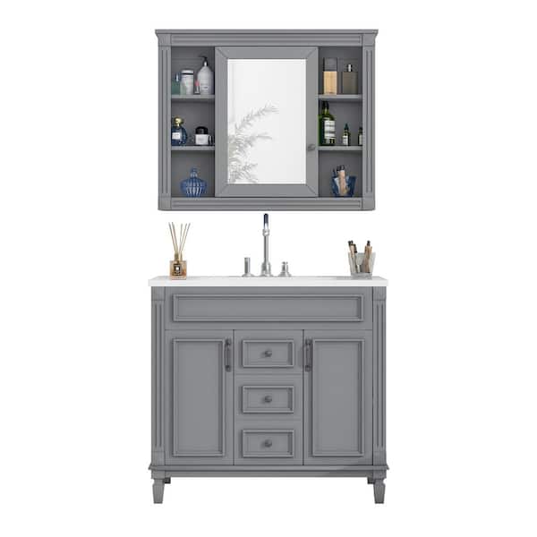 Zeus & Ruta 36 in. W x 18 in. D x 34 in. H Single-Sink Freestanding Bath Vanity in Gray with White Top and Mirror Cabinet