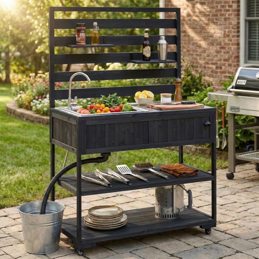 OHGA THE BESTBLE ブラック×ホワイト アンサンブル 41.7 in. Black Large Garden Potting Bench with Stainless Table Top