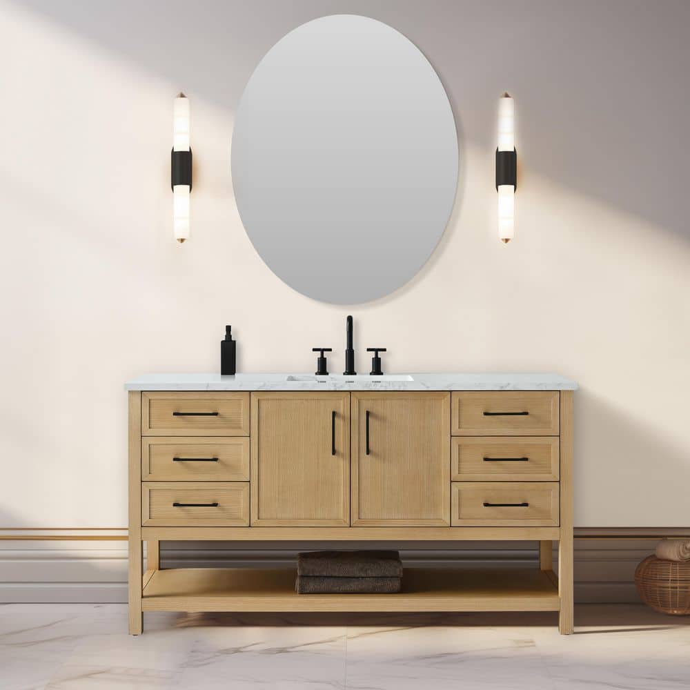 Oliver 60 in. W Bath Vanity in Light Oak with Engineered Stone Top in Arabescato with White Sink price history on PriceWatchPro
