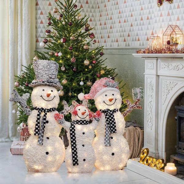 LuxenHome 46 in. 3-Piece Lighted Snowman Family, White Tinsel