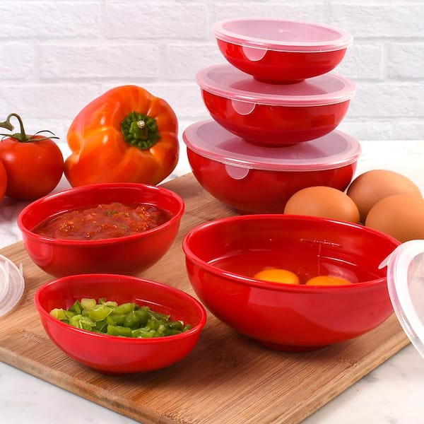 3-Red Small Melamine Nesting Prep Bowls with Lids (2-Pack)