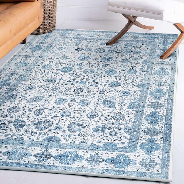 Lerik Blue/Off White Washable Rug 5 ft. x 7 ft. Area Rug