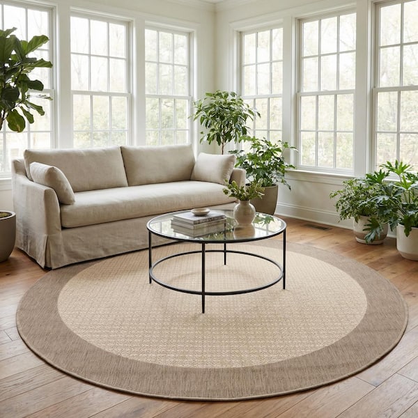 Recife Checkered Field 8 ft. RoundTan-Brown Solid Indoor/Outdoor Area Rug