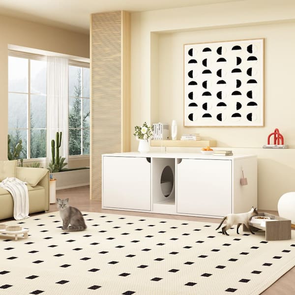 FUFU&GAGA Wooden Hidden Cat Litter Box Enclosure Furniture, Indoor Cat Washroom End Table with Double Room and Litter Catch