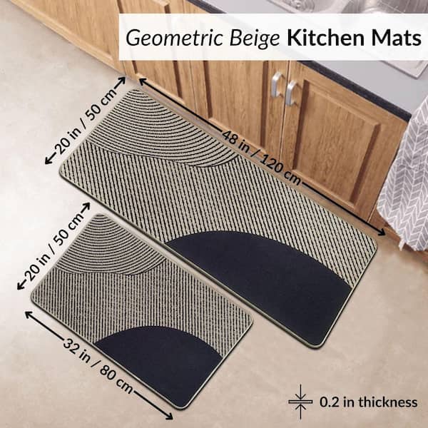 Set of 2 Geometric Beige 20 in. W x 32 in. L and 20 in. W x 48 in. L Polyester Low Profile Indoor Kitchen Mat