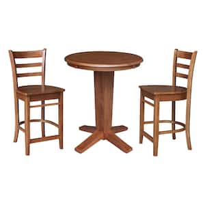 Aria Distressed Oak Solid Wood 30 in. Round Top Counter height Pedestal Dining Set with 2 Emily Counter Stools, Seats 2