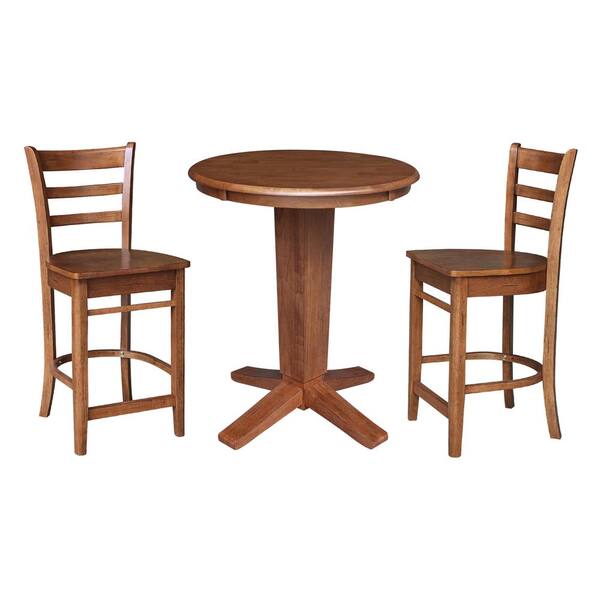 International Concepts Aria Distressed Oak Solid Wood 30 in. Round Top Counter height Pedestal Dining Set with 2 Emily Counter Stools, Seats 2