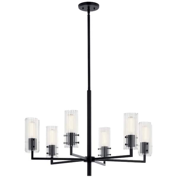 KICHLER Velestino 30.25 in. 6-Light Black Modern Shaded Cylinder Chandelier for Dining Room