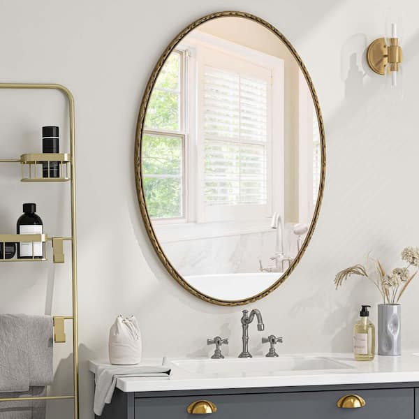Unbranded Gold 25.6 in W x 39 in. H Oval Retro Mirror Iron Framed Mirror Wall Mirror Bathroom Mirror for Bedroom Living Room