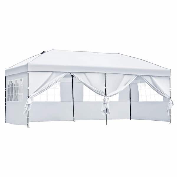 Sudzendf 10 ft. x 20 ft. 3 Height Adjustable White Pop Up Canopy Tent, Heavy Duty Party Tent with Sidewalls and Wheeled Bag