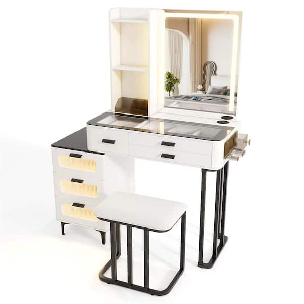 Costway 2-Piece White Modern Bedroom Makeup Vanity Set with Mirror and Lights 3-Color LED Lights and Charging Station