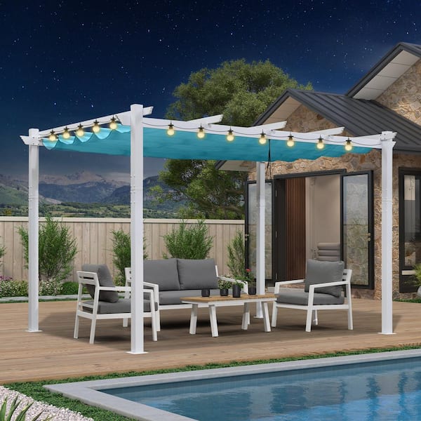 PURPLE LEAF 10 ft. x 13 ft. White Aluminum Frame Morden Pergola with Turquoise Blue Retractable Sun Shade Canopy and String Lights