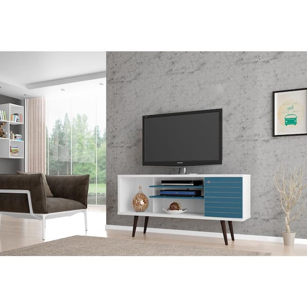 Manhattan Comfort Liberty 53 In White And Aqua Blue Wood Tv Stand Fits Tvs Up To 50 In With Storage Doors 200amc63 The Home Depot