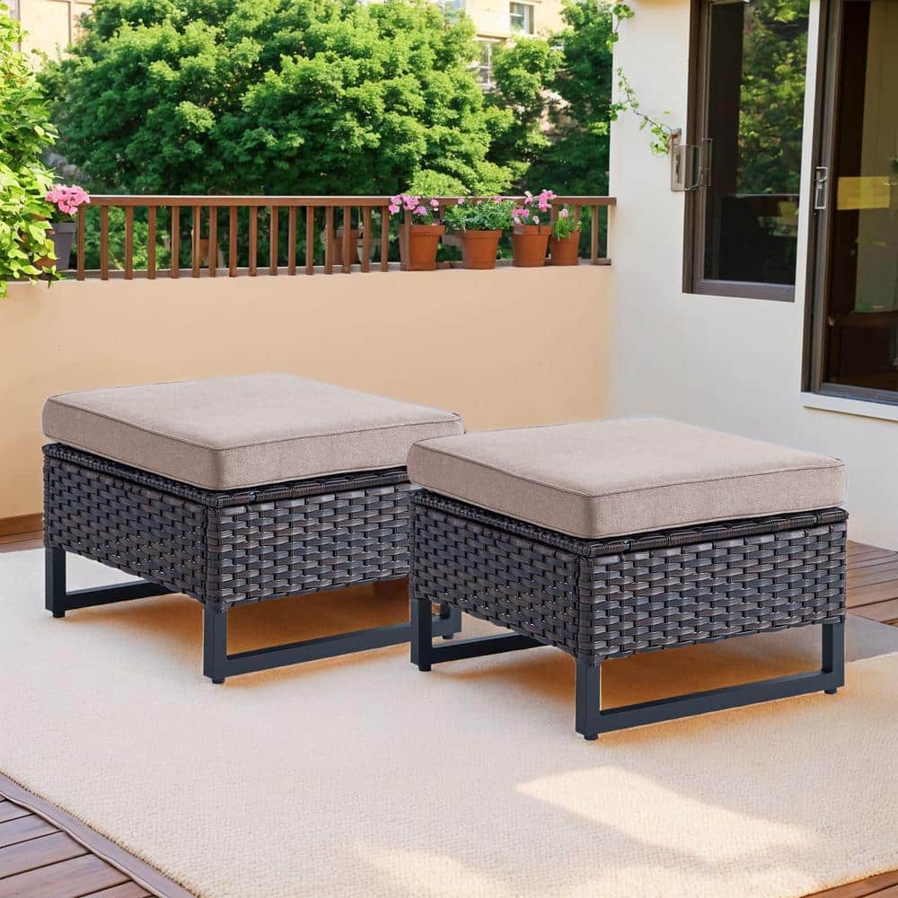 Gymojoy Valenta Brown Wicker Outdoor Ottoman with Beige Cushions (Set Of 2) GM119-2 - The Home Depot