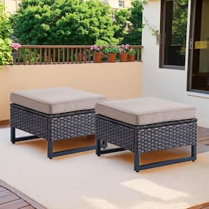Valenta Brown Wicker Outdoor Ottoman with Beige Cushions (Set Of 2)