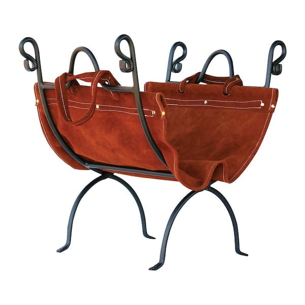 UniFlame Olde World Iron 23 in. W Firewood Rack with Brown Suede Leather Carrier