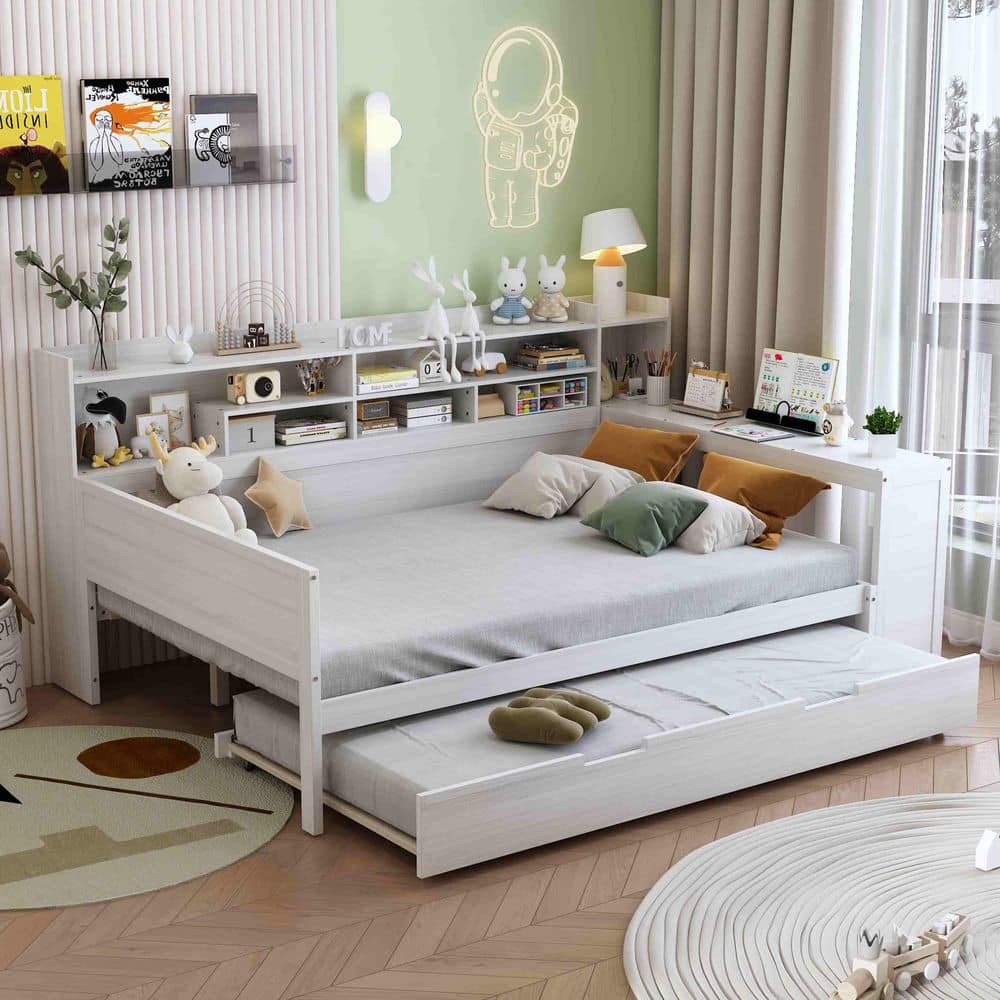Antique White Twin Daybed with Storage Shelves, Twin Size Trundle Bed and Study Desk