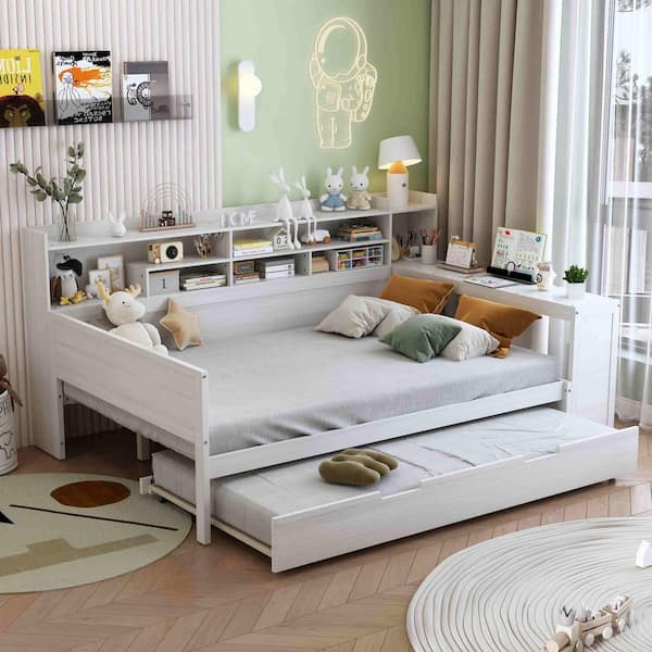 Antique White Twin Daybed with Storage Shelves, Twin Size Trundle Bed and Study Desk