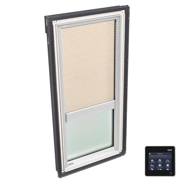 VELUX 14-1/2 in. x 45-3/4 in. Fixed Deck-Mount Skylight with Tempered Low-E3 Glass, Beige Solar Powered Room Darkening Blind