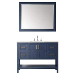 Florence 48 in. Bath Vanity in Blue with Marble Vanity Top in White with White Basin and Mirror