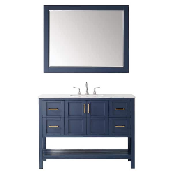 ROSWELL Florence 48 in. Bath Vanity in Blue with Marble Vanity Top in White with White Basin and Mirror