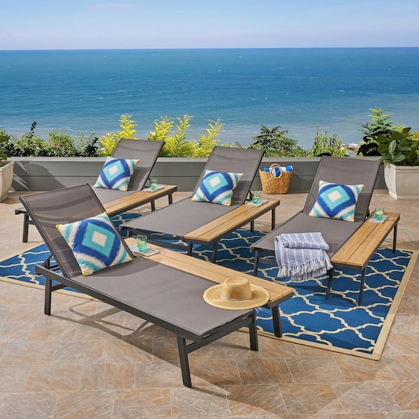 Waterloo Black Aluminum Adjustable Outdoor Patio Chaise Lounge with Side Table (4-Pack)