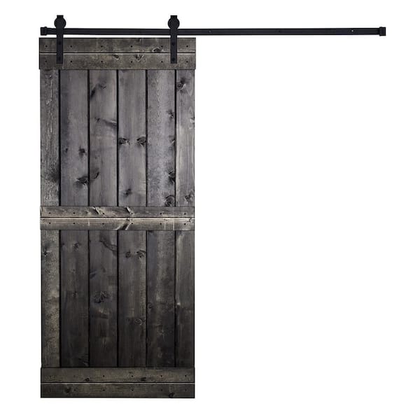 AIOPOP HOME Mid-Bar Series 30 in. x 84 in. Charcoal Black Stained Knotty Pine Wood DIY Sliding Barn Door with Hardware Kit