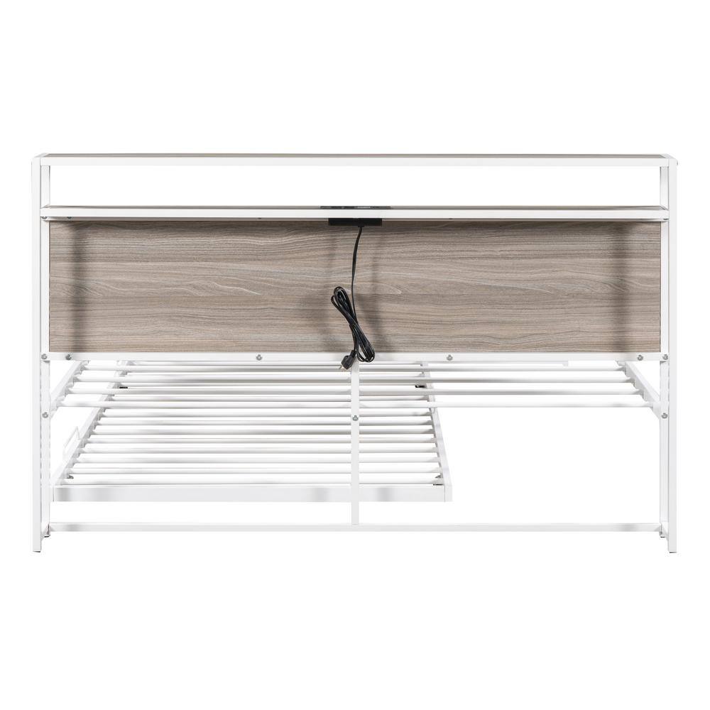 Black Metal Frame Queen Size Platform Bed with Twin Size Trundle, USB Charging Station, Storage Shelves - thumbnail 5