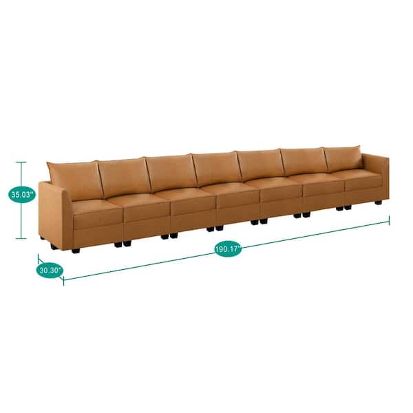 MAYKOOSH 112.8 in. Contemporary Faux Leather 7-Seater Upholstered Sectional Sofa in in Caramel