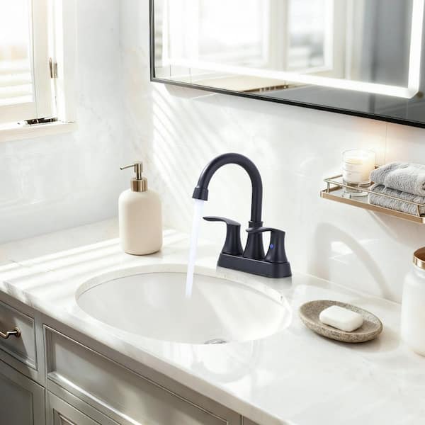 4 in. Centerset Double Handle 3 Holes High Arc Bathroom Faucet with Pop-Up Drain in Matte Black