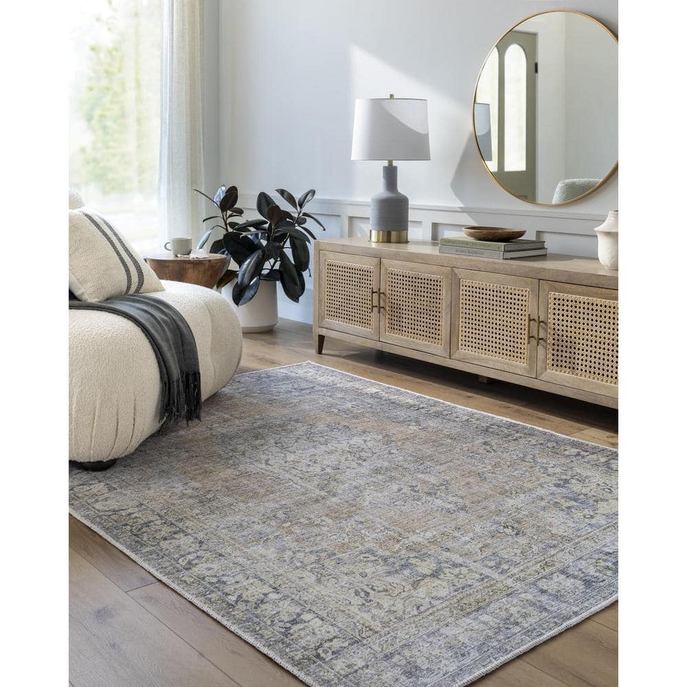 Gray and Slate Blue Polyester Reversible Washable Area Rug