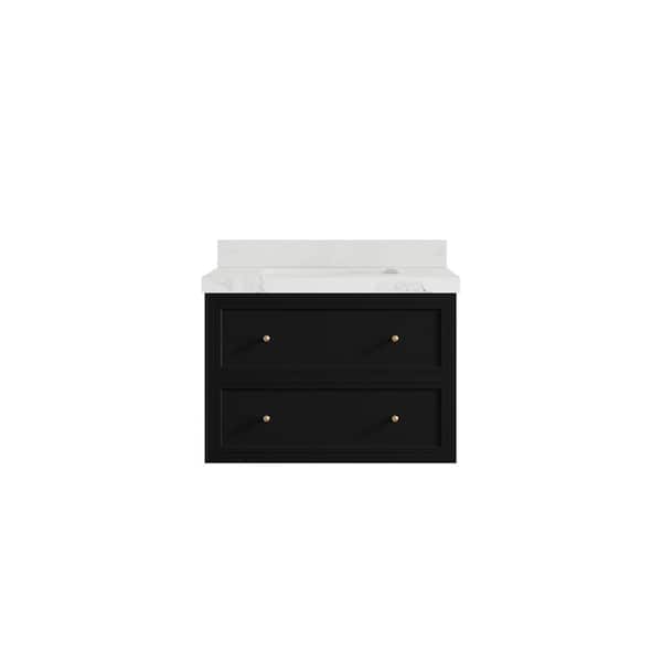 Willow Collections Roswell 30 in. Single Sink Freestanding Black Bath Vanity with Calacatta Nuvo Qt. Top Unassembled